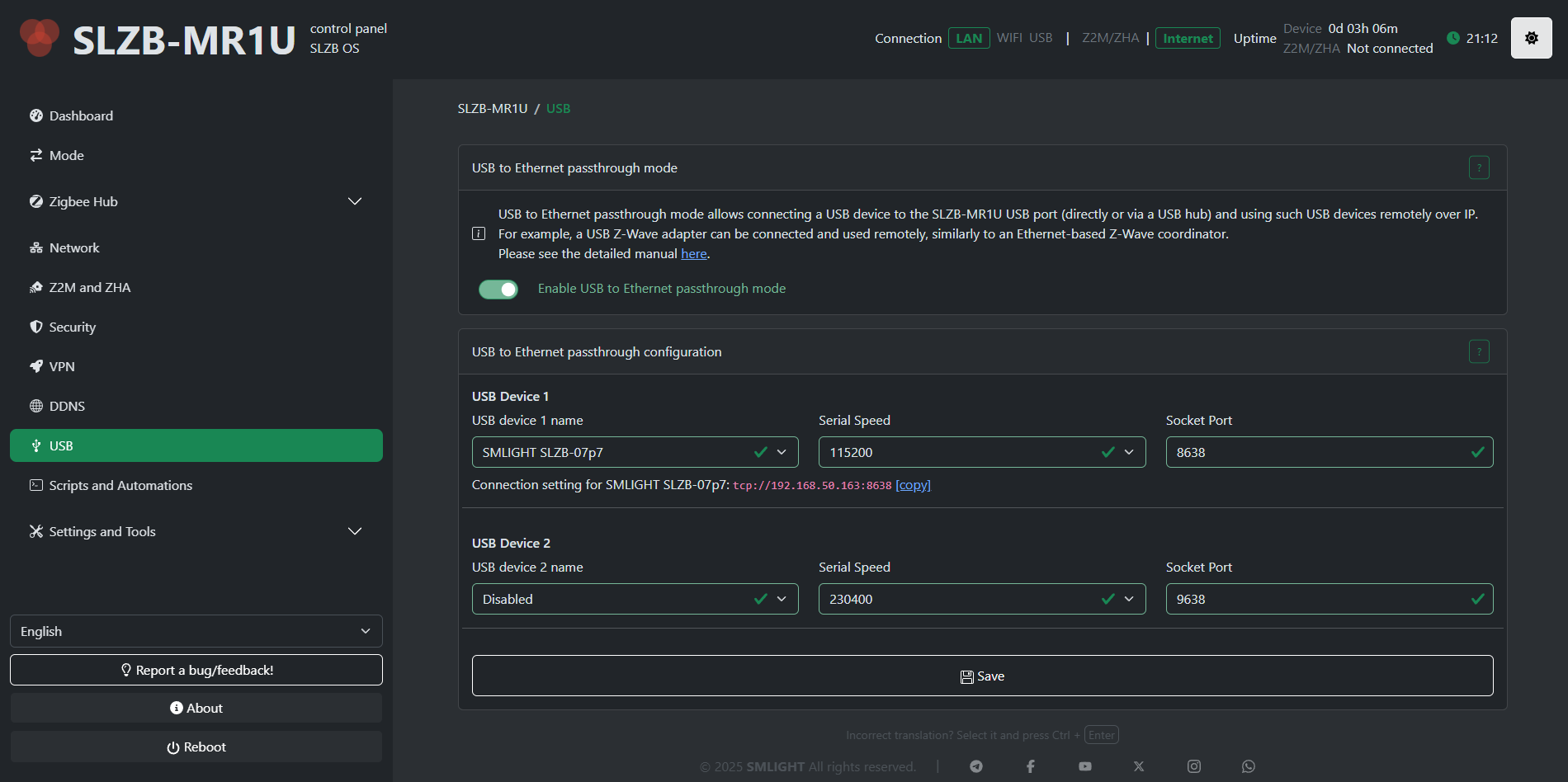 Coordinador Zigbee LAN POE SMLIGHT SLZB-MR1 Multiradio